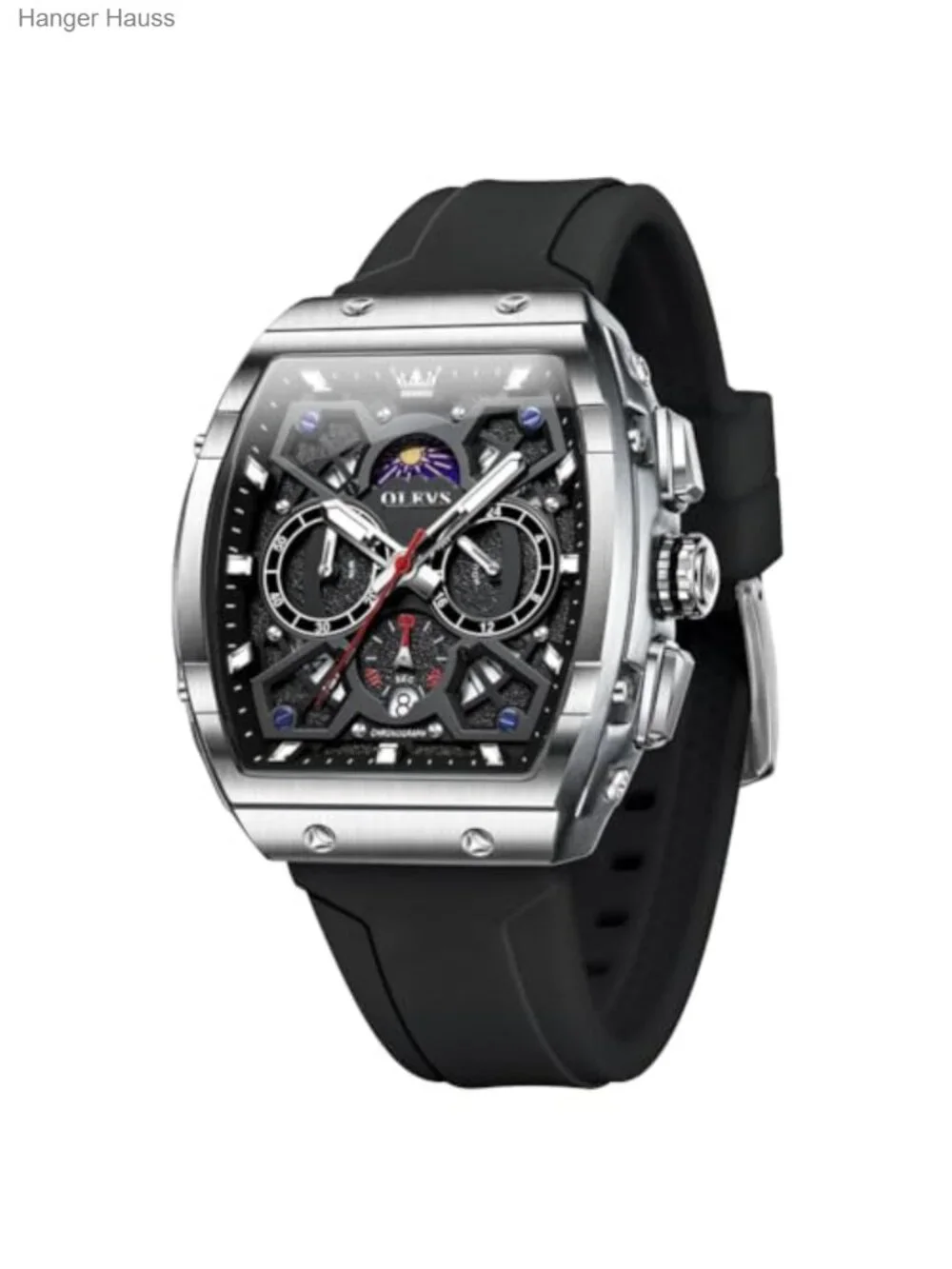 Men's Luxury Square Skeleton Chronograph Watch Quartz Stainless Steel Rubber